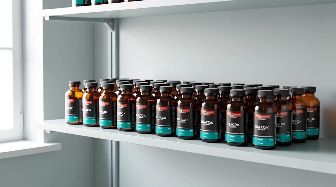 Natural supplements bottles in organized rows